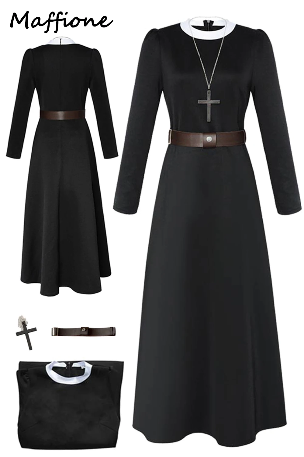 Nun Cosplay Fantasia Costume Movie The Conjuring Women Disguise Dress Up Black Dress Cross Necklace Belt Halloween Party Suits