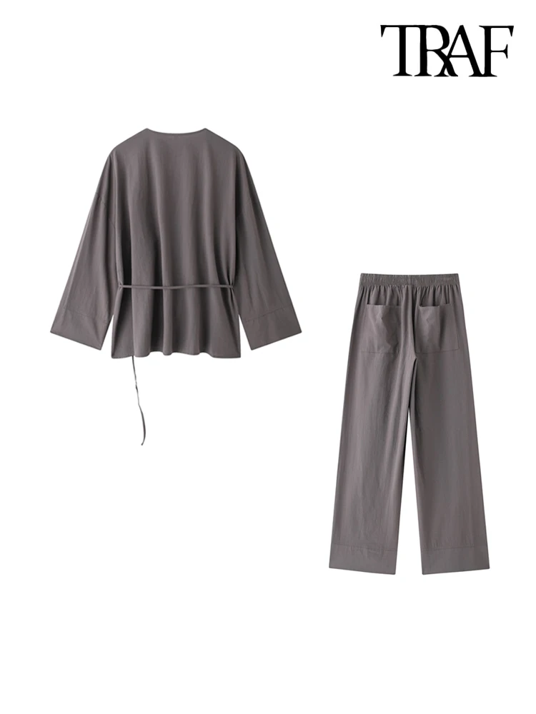 TRAF Women Fashion With Tied Loose Kimono Blouses And High Elastic Waist Side Pockets Pants Female Two Piece Sets Mujer