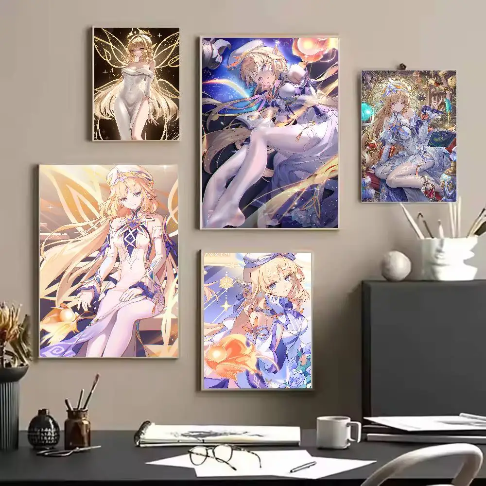 Hot Nicole Reeyn Genshin Impact Game Poster, Blonde Hair Winged Girl Fantasy Star Sky Print, Glowing Magical Gaming Room Decor