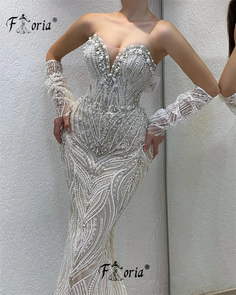 Vestido de noche de boda de sirena con escote corazón para mujer, Vestidos de ocasión formales de encaje de perlas, vestido de desfile sin espalda de Dubái, elegante