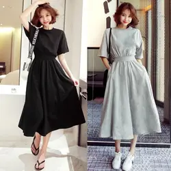 Medium Sleeve Dress Girl's Large Skirt Korean Half Sleeve Waist Long Skirt High Waist Round Neck Loose Casual Skirt Woman Dress