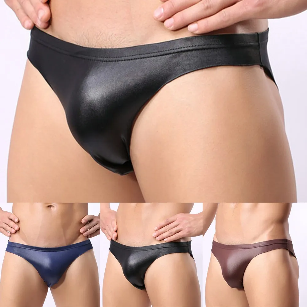 Tangas de piel sintética para hombre, ropa interior Sexy con parte trasera en T, Wetlook, erótico, fetiche, bragas con bolsa para bulto, suspensorio