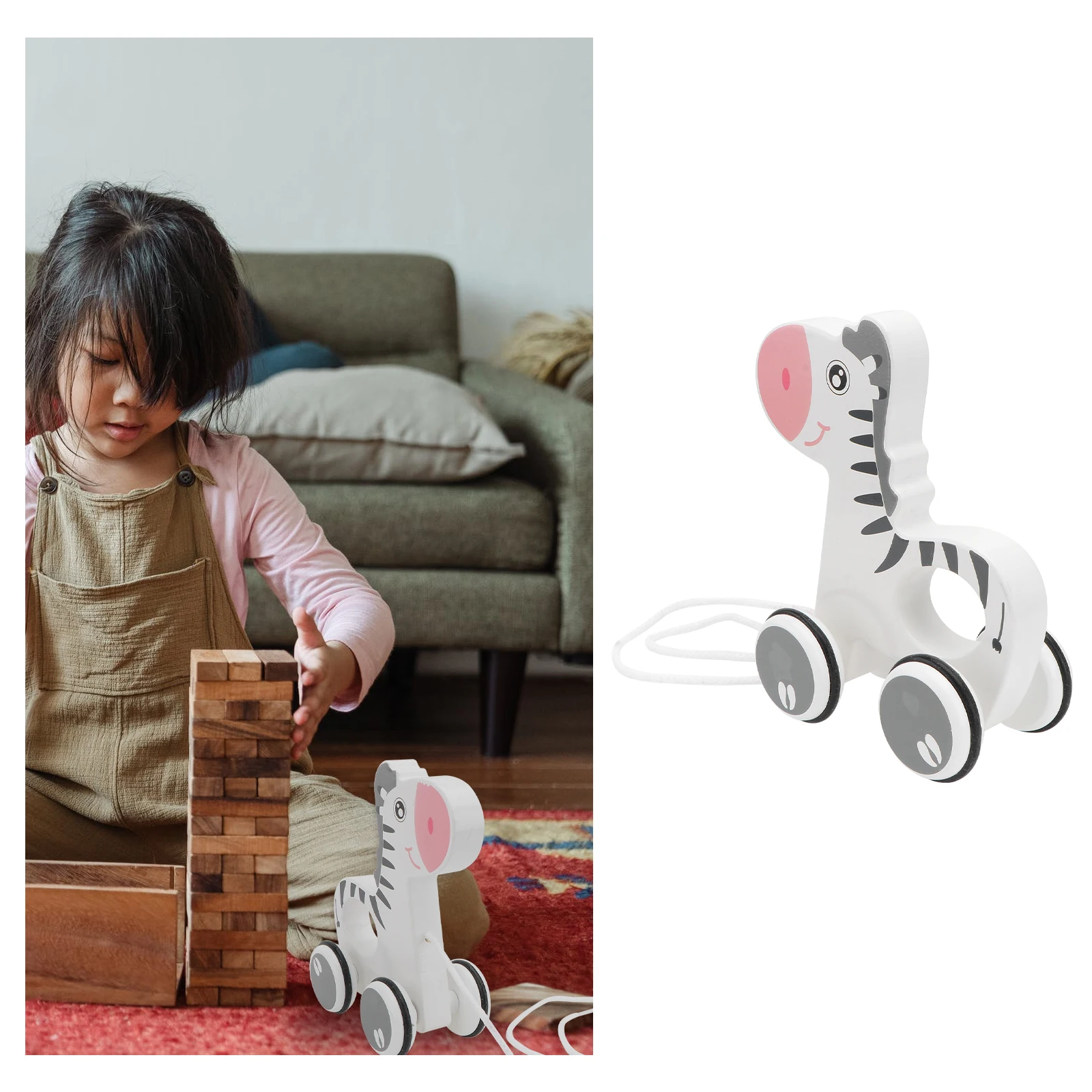 1Pcs Cartoon Animal Trailer Wooden Pull Along Baby Educational Walking Toddler Gift Wooden Pull Along Toy Trailer Toy