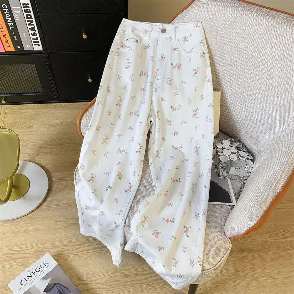 Vintage White Floral Straight-leg Women Jeans 2026 New Sweet High-waisted Loose Wide-leg Floor-length Pants Casual Y2k Jeans