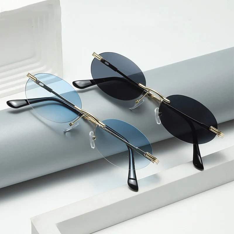 Fashion Oval Sunglasses Small Rimless Shades Luxury Brand Designer Women Men Metal Blue Sun glasses High Quality UV400 Eyewear