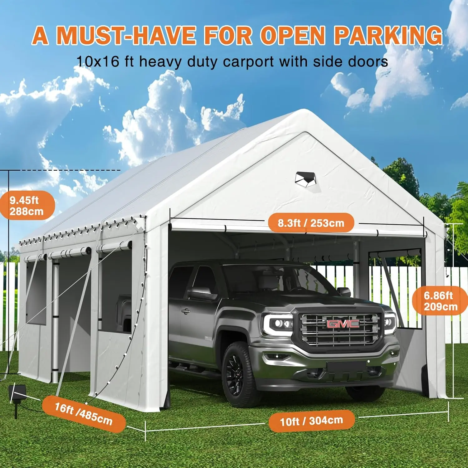 Carports 10X16 Heavy Duty，Portable Car Port Garage，Carport Canopy With Side Doors，Outdoor Car Shelter All Weather,White