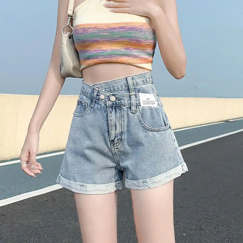 

Джинсовые шорты с высокой талией, А-силуэт, асимметричные, с оборками, прямые, широкие штанины, летние, для повседневной носки