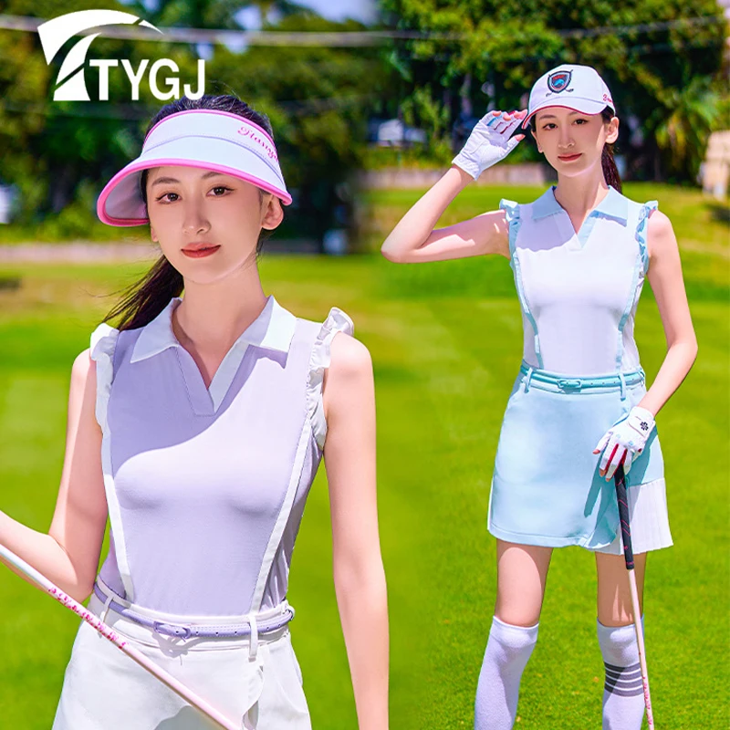 

TTYGJ Golf Women Clothing Sleeveless Ruffle Summer Golf Tops Lady Quick-dry Fly Sleeve V-neck Slim T-shirt Breathable Polo Shirt