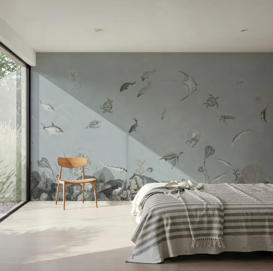 Custom sized murals featuring calm underwater worlds of jellyfish, turtles, and fish, octopuses, and coral reef decorations
