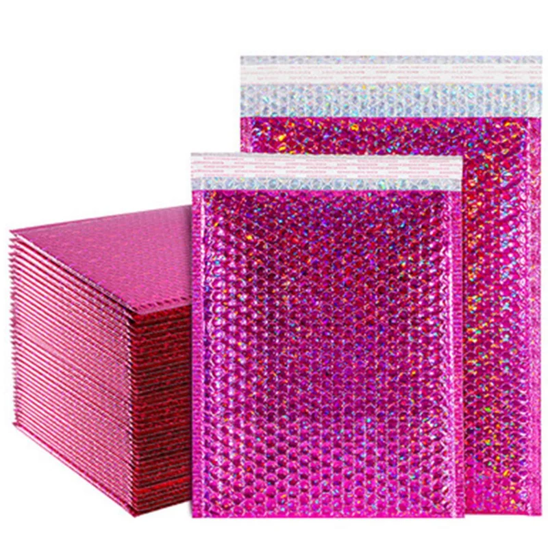 Sobres acolchados de plástico de papel de aluminio dorado, bolsa de sobres para correo, embalaje de regalo, color rojo, Rosa láser