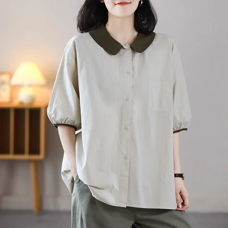 Loose Women Shirt Korean Style Summer Casual Peter Pan Collar All-match Half Sleeve Simple Single-breasted Office Lady Blouse