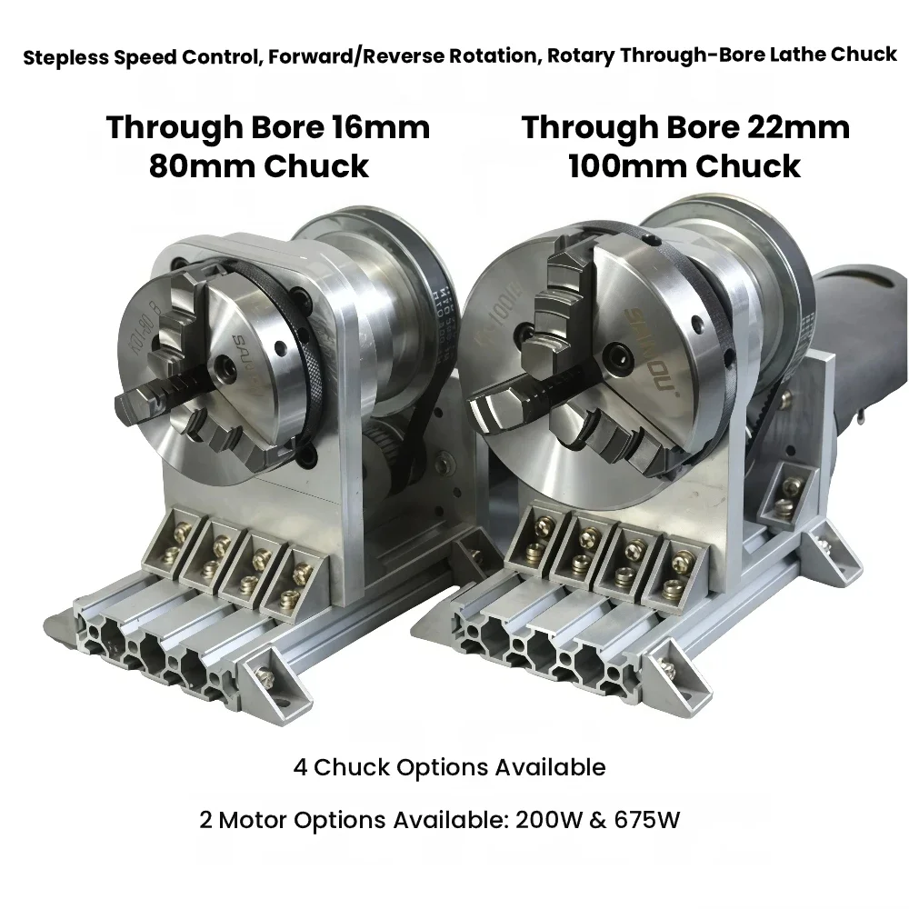 AC 220V Lathe Chuck Kit, 80/100mm 3-Jaw Self-Centering, 200W/675W Motor, Through Bore 16/22mm, Forward/Reverse