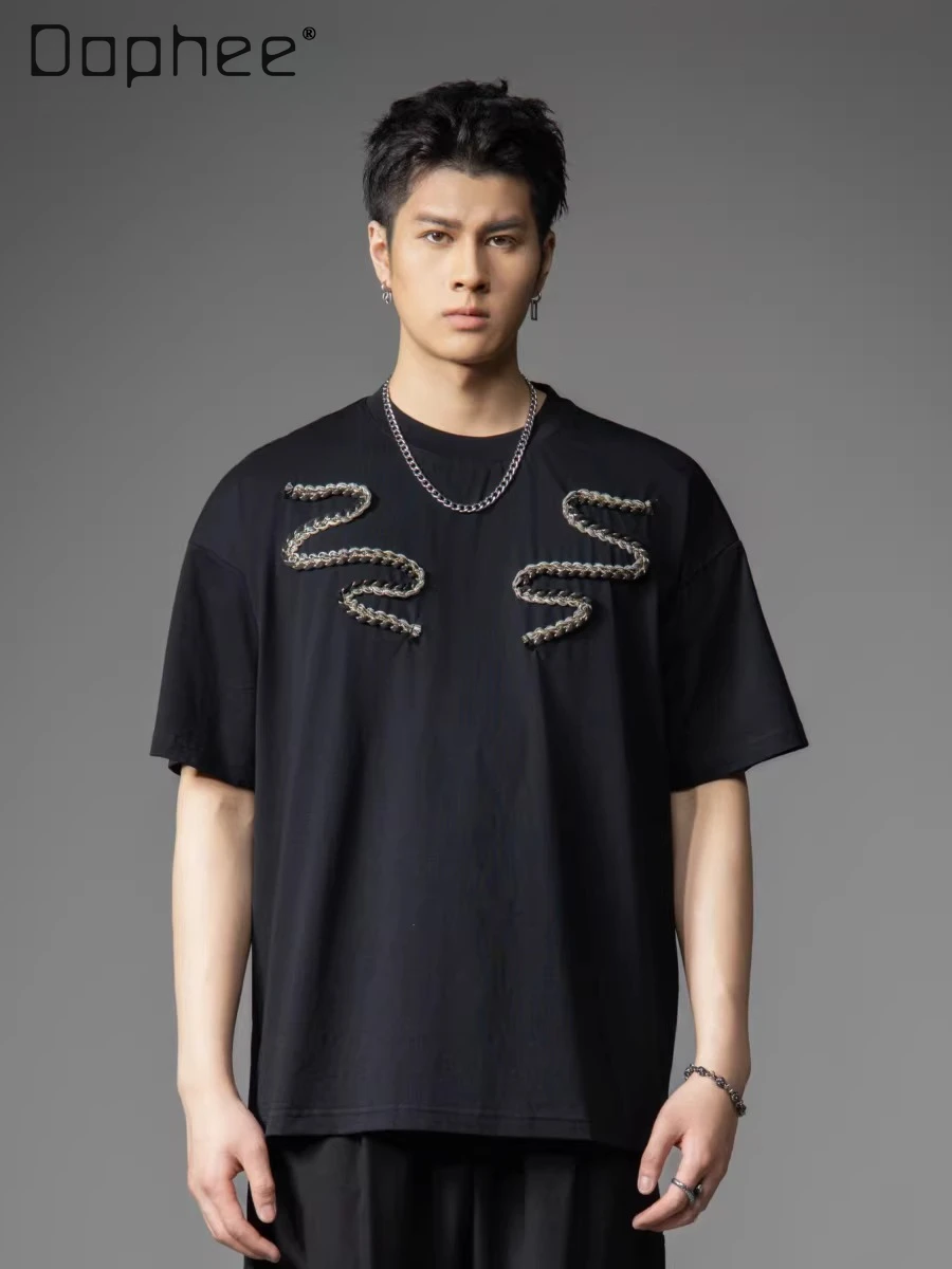 

2026 Summer New American Dark Street Style Men's Loose Casual Daily Black Printed Round Neck Short Sleeve T-Shirt