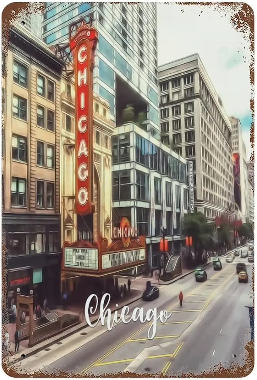 Personalized Metal Sign Chicago City Scene Tin Signs Chicago Winter Scene Wall Decor Vintage Signs 8x12 Inch for Garage Man sign