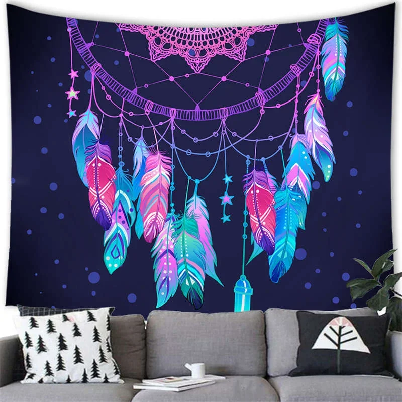 Bohemian Dream Catcher Tapestry Psychedelic Feathers Occult Decor Bedroom Hippie Wall Carpet Beach Towel Decoration for Home