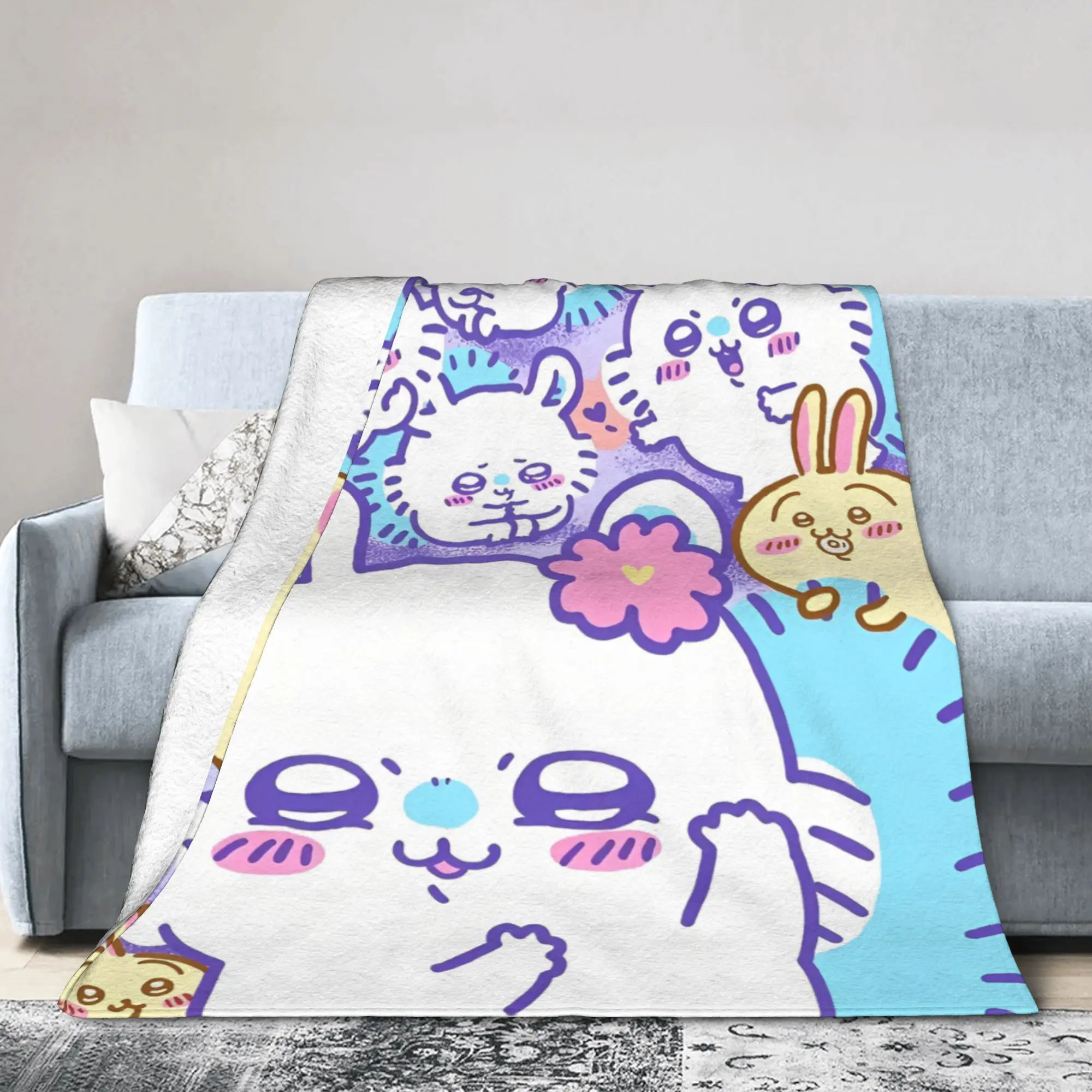 Chiikawa Momonga الفانيلا البطانيات Kawaii الكرتون رهيبة رمي البطانيات للمنزل 150*125 سنتيمتر المفارش #2