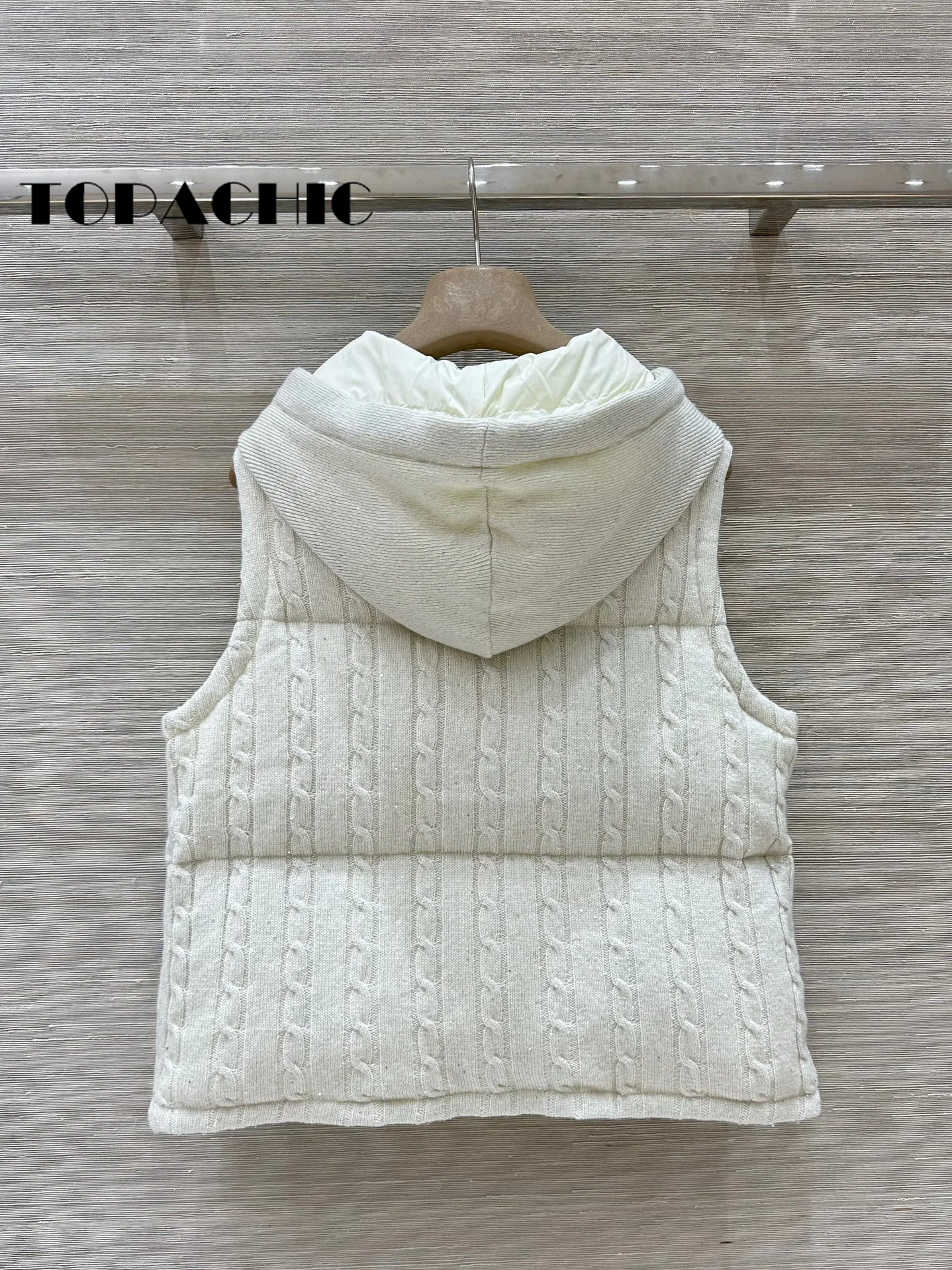 8.23 TOPACHIC-Women\'s 100% Cashmere Knit Twist Hooded Goose Down Keep-warm Vest Beading Chain Lace-up Bling Sequins Vest Coat