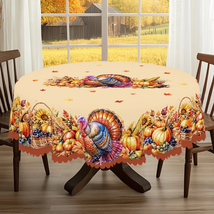 1 Piece of Autumn Thanksgiving and Autumn Harvest Festival Themed Printed Tablecloth, Vintage Country Farmhouse Style, Turkey and Pumpkin Pattern Design, Suitable for Holiday Gatherings, Camping Picnics, Garden Bbqs, Birthday Party Decorations, Kitchen Accessories, Tablecloth for Indoor and Outdoor Use in Restaurants and Patios, Perfect Gift for Friends, Round and Rectangular Tablecloths, Available in Various Sizes