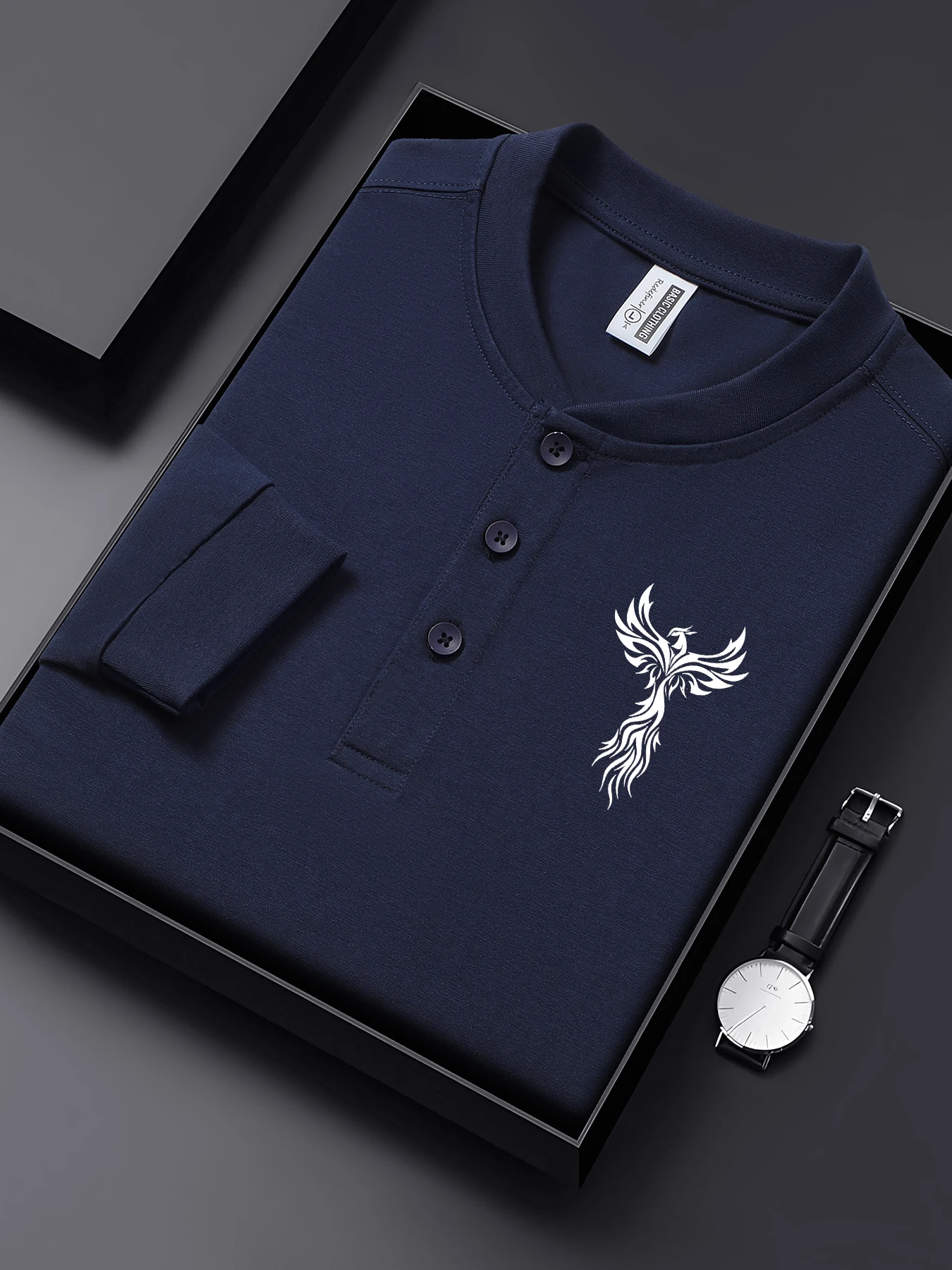 

Мужская базовая рубашка с простым принтом и узором Феникса, осенние повседневные футболки, универсальная одежда с вырезом Генри, спортивная мягкая одежда с длинными рукавами