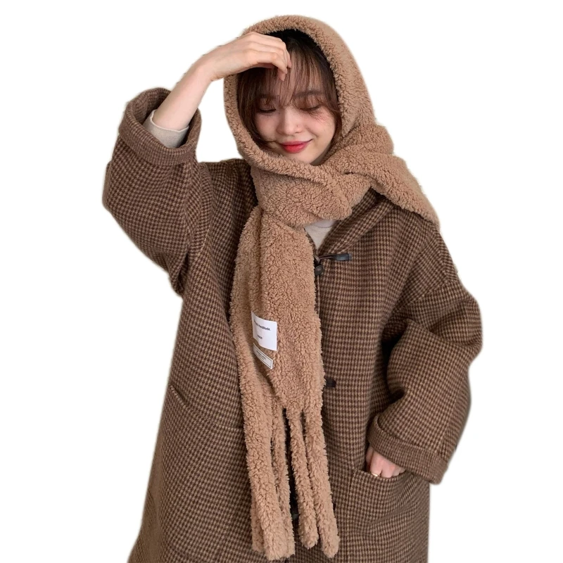 Plush Scarf With Pocket Fleece Neck Warmer Winter Scarfs With Tassel Women Thick