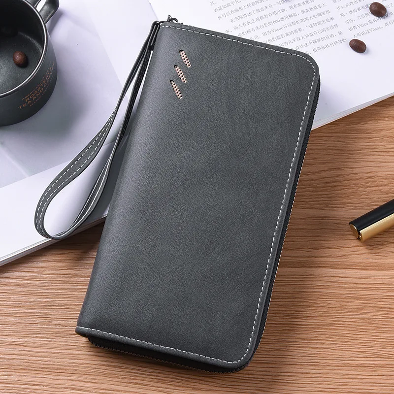 新しいトレンドのジッパー付き長財布、高級メンズビジネスマネーバッグ、大容量レトロPUレザーカードバッグ、マルチカードコインパース