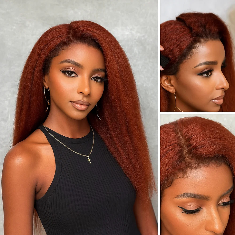 Peluca de cabello humano liso y rizado para mujer, densidad 180, marrón rojizo, Omber, 13x4, HD, Frontal de encaje, pelo brasileño sin pegamento, precortado