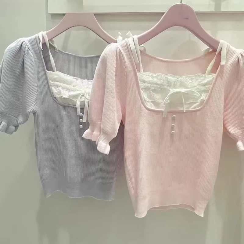 Women Kawaii Lolita T Shirt Sweet Puff Short Sleeve Bow Ribbon Slim Y2K Knitted Tee Top