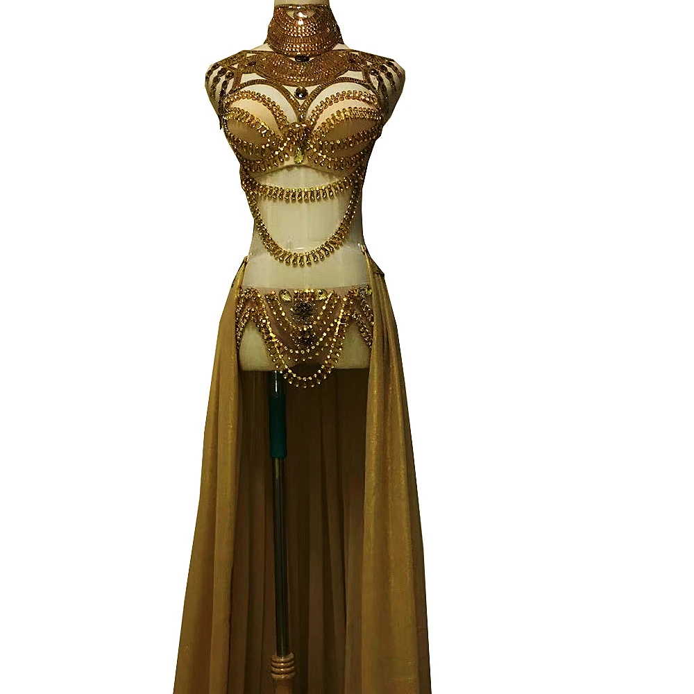 Zestaw bikini z łańcuszkiem zdobionym dżetami, błyszczący kostium sceniczny, damski strój do klubu nocnego, taneczny, prześwitujący, z trenem z siateczki.