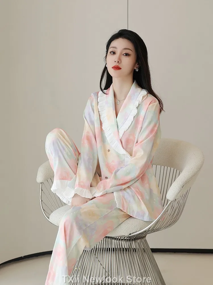 New Style Pajamas Women's Spring  Autumn Ice Silk Long-sleeved Fresh Sweet Internet Celebrant High-end Outwear Home Clothes Suit