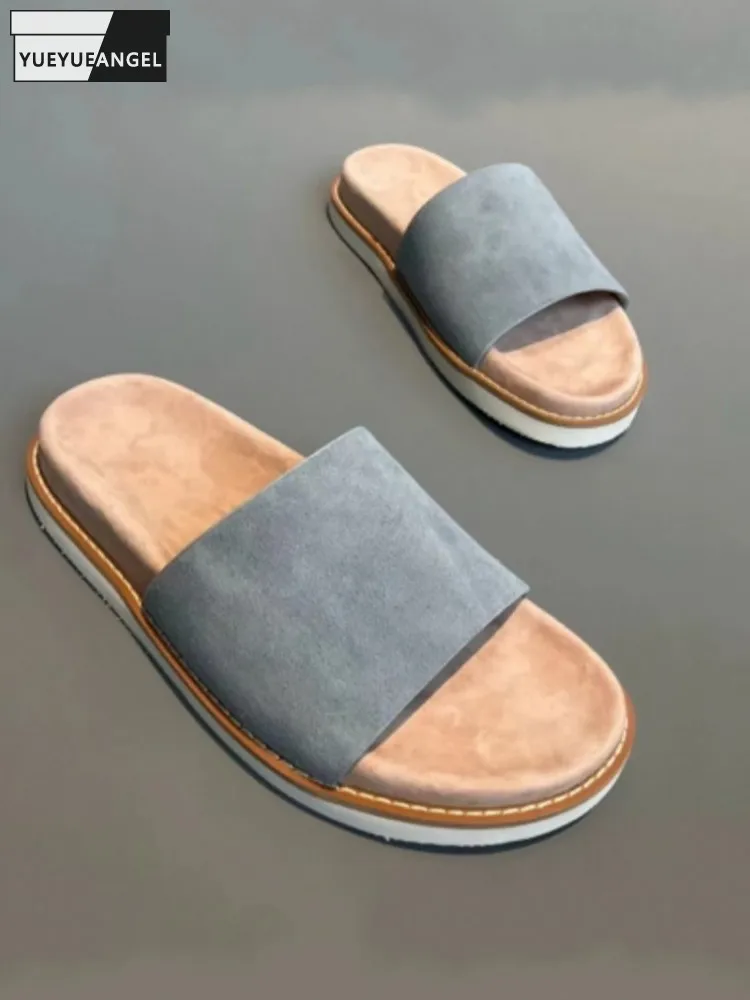 

New Men Retro Summer Breathable High Quality Open Toe Slides Leisure Trend Cow Suede Leather Solid Color Beach Flat Slippers