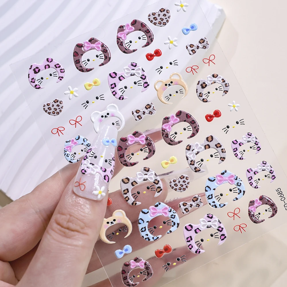 1Pc 5D Autumn Winter Hello Kitty Nail Stickers Kawaii Strawberry Cherry KT Head Scarf Cap Bow Adhesive Decals Manicure Sliders