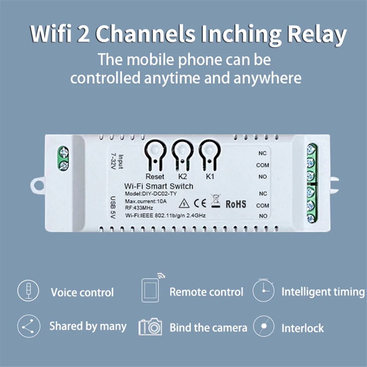 

Умный выключатель с таймером, 2 канала, Wi-Fi, 7-32 В, USB, 5 В, 2,4 ГГц