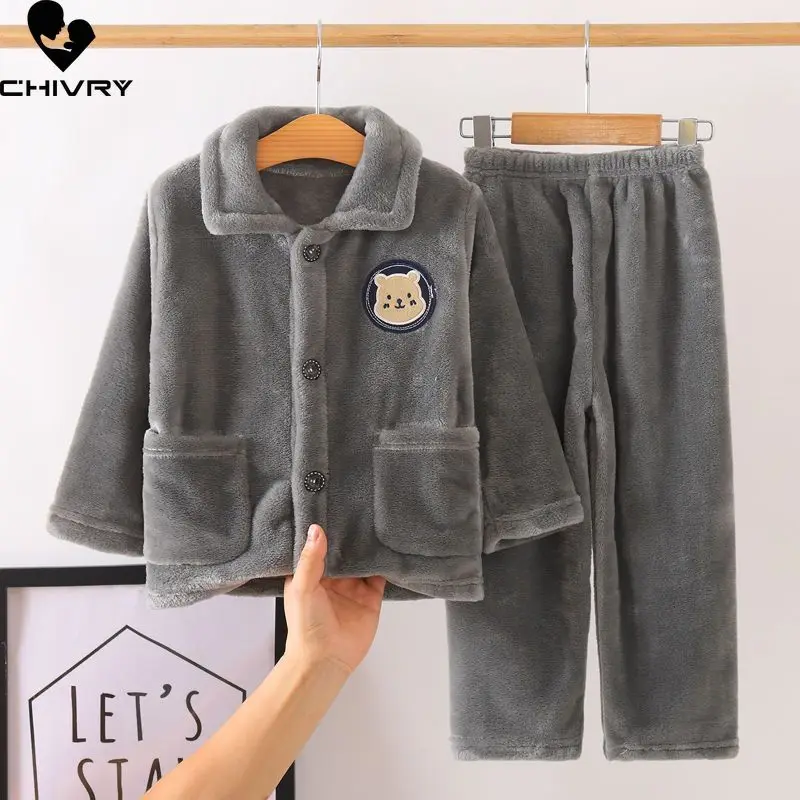 

New Kids Autumn Winter Flannel Warm Pajamas Sets Toddler Baby Cartoon Bear Lapel Pyjamas Homewear Boys Girls Casual Sleepwear