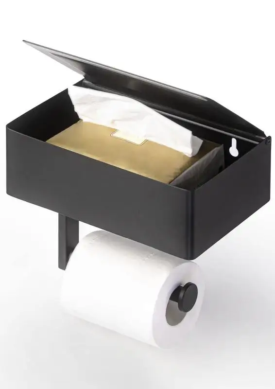Wholesale Modern Stainless Steel Black Metal Wall Mounted Sanitary Tissue Storage Rack with Shelf Square Bathroom