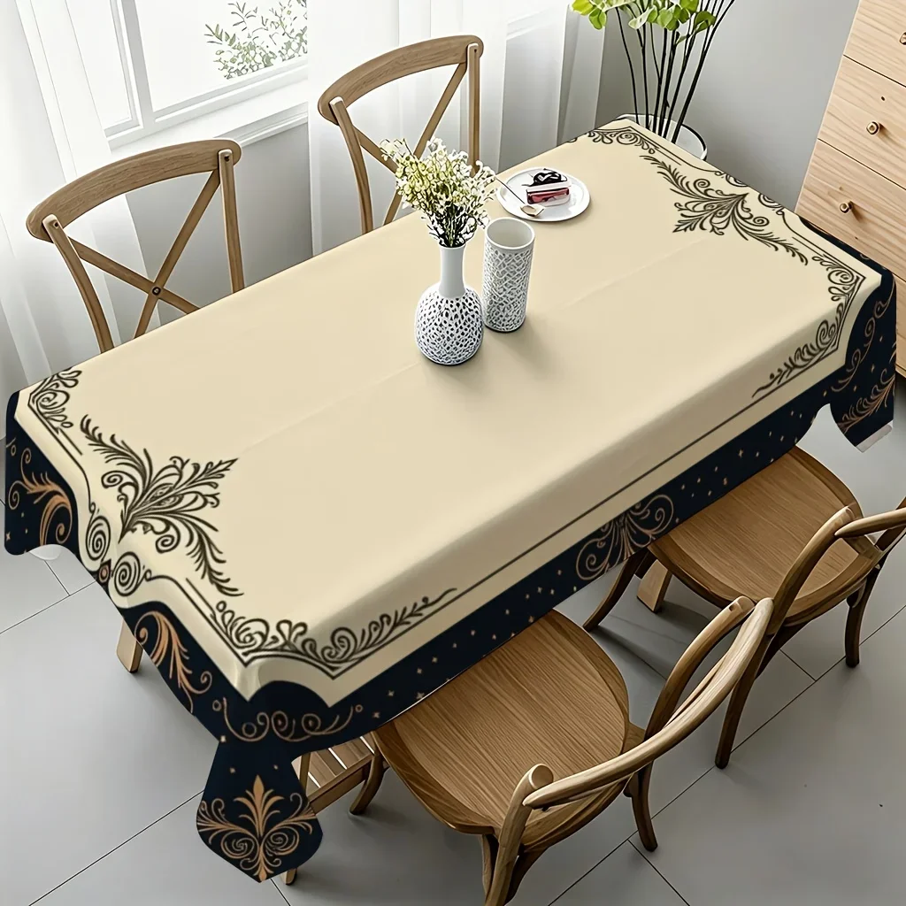 One piece. 2D flat print. Elegant gold decorative frame design. Polyester tablecloth. Suitable for wedding banquets.xzj
