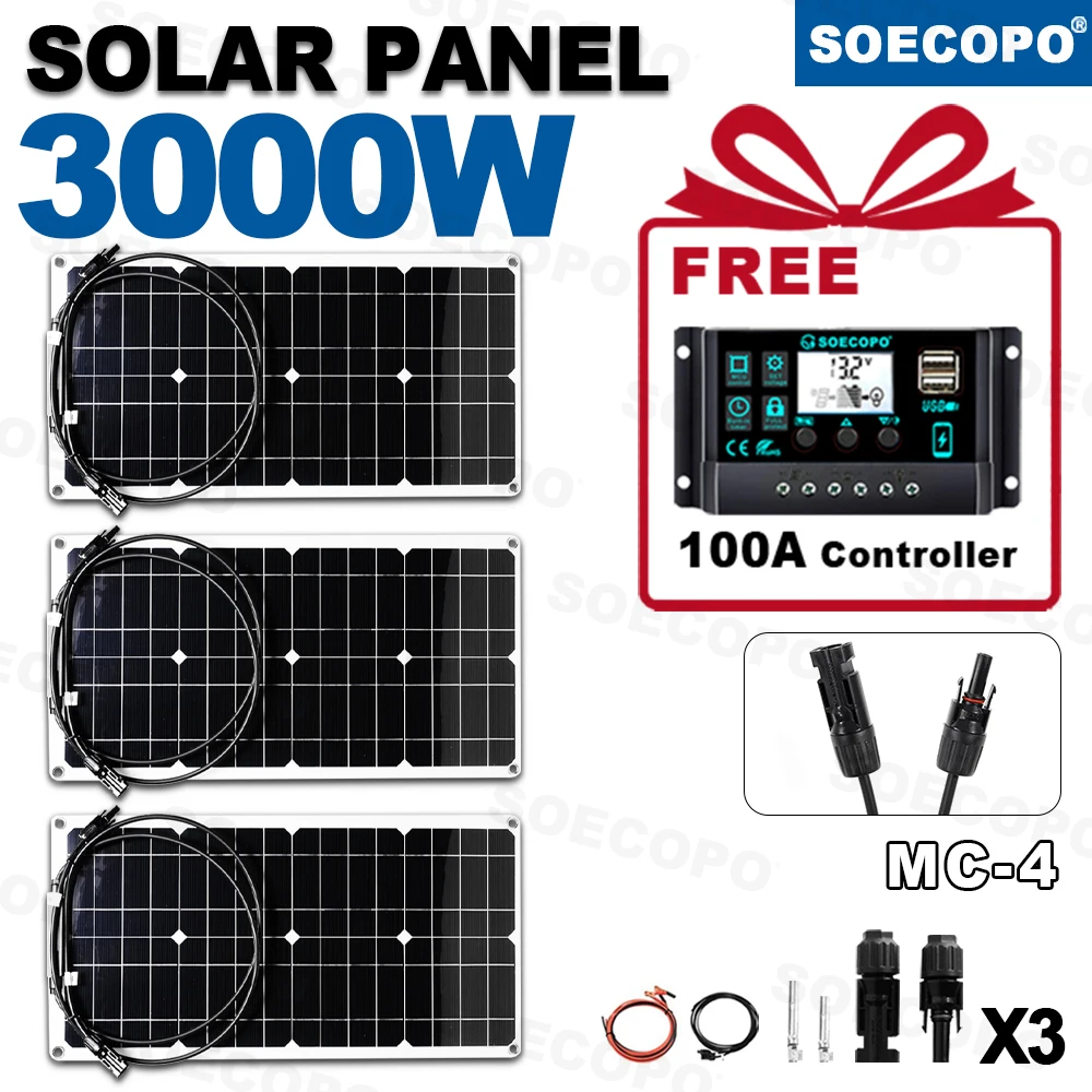 SOECOPO 3000 W tragbares Solarpanel-Kit MC – 4 18 V 3 * Panels kostenlos 100 A Controller Dual USB 5 V für Campingausrüstung Netzteil