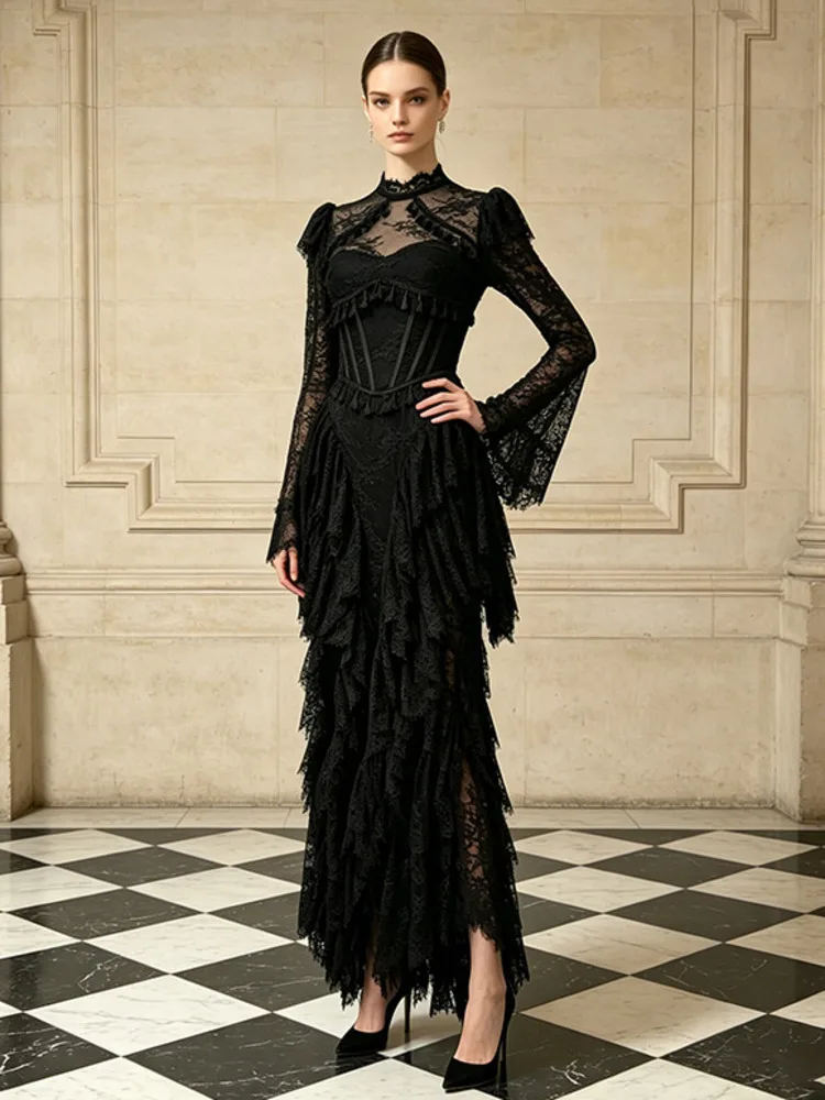 DEAT embroidery Hollow Out DressesEvening Dress 2026 Autumn New Lace High-end Bell-sleeve Slim-fit Dress For Women，