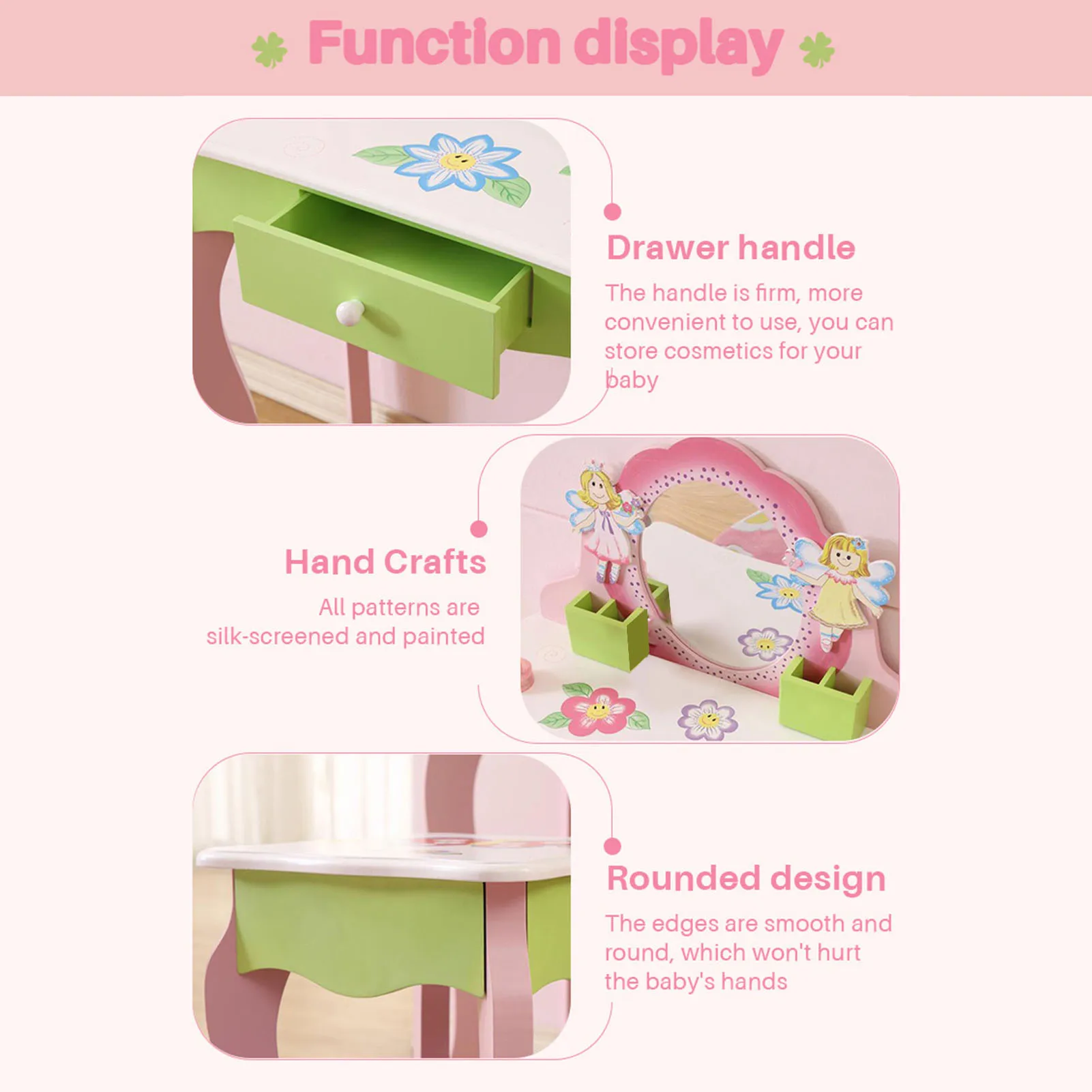 Toddler Girls Makeup Dressing Table Pretend Vanity Set Wooden Kids Vanity Set Makeup Table Chair Set with Mirror Drawer