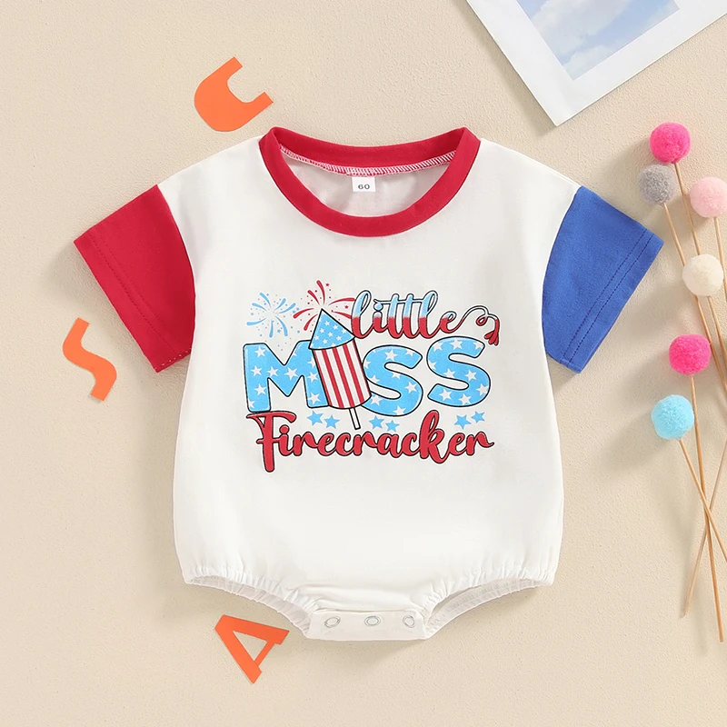 

2024-03-19 Lioraitiin Baby Girls Boys 4th of July Rompers Letter Firework Print Contrast Color Short Sleeve Summer Jumpsuit