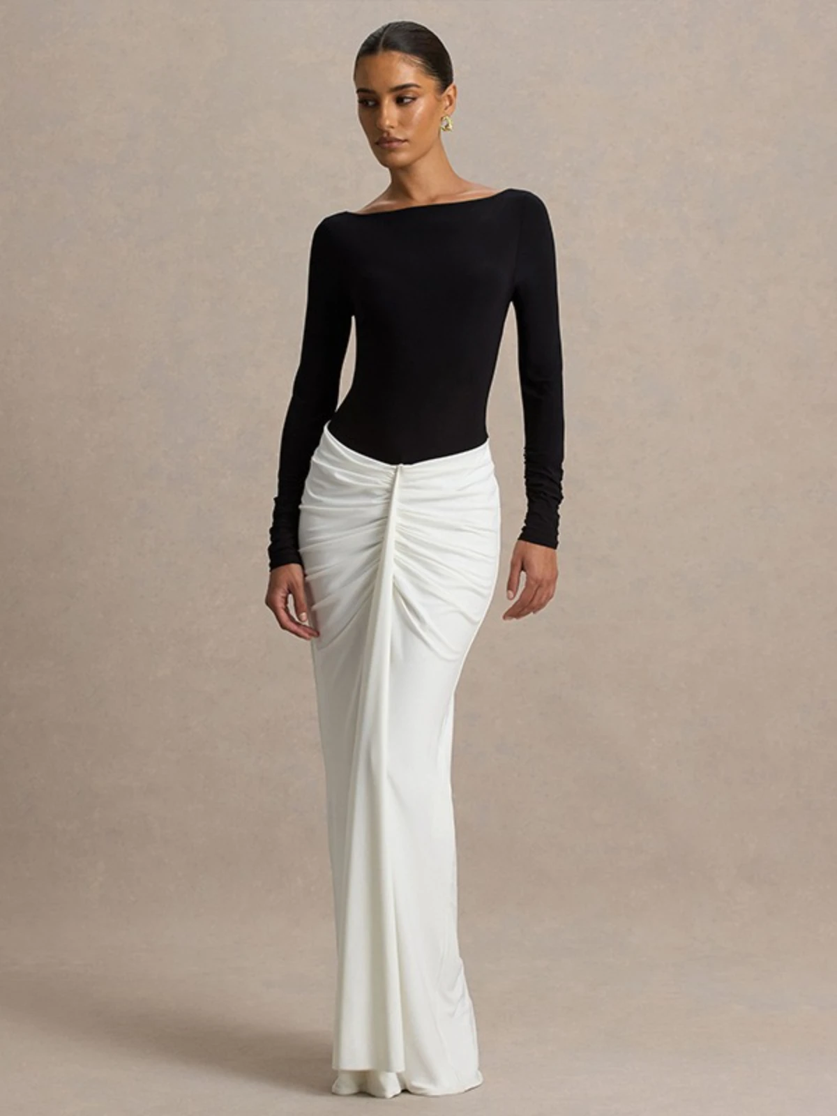 

SsTss Женское элегантное цельное платье в стиле пэчворк, осень 2022, новое платье макси с круглым вырезом и длинным рукавом в тон, с драпировкой, для вечеринок и клубов