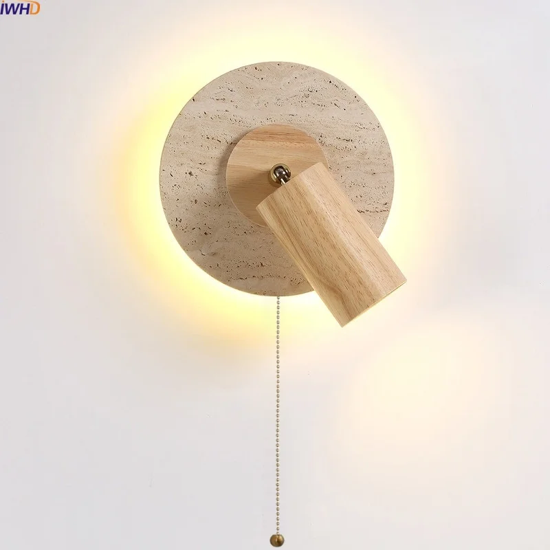 

IWHD Wabi Sabi LED Wall Lamps Indoor Reading Yellow Travertine Wood Lampshade Bathroom Mirror Stair Light Lighting Wandleuchte
