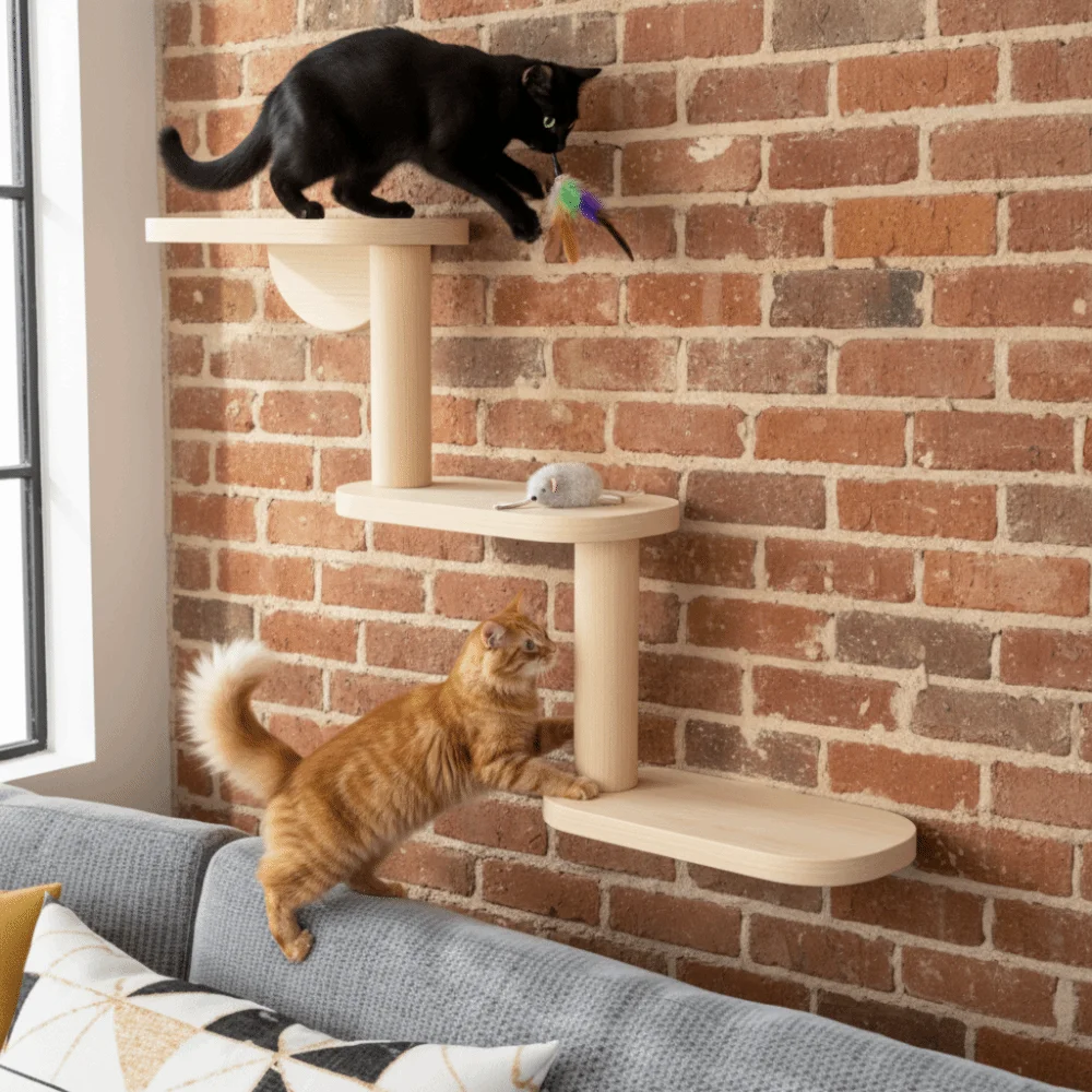 

Solid Wood Cat Climbing Shelves 3-Level Floating Shelves Cat Climbing Ladder Space Saving Cat Sisal Scratching Post Kitten Play