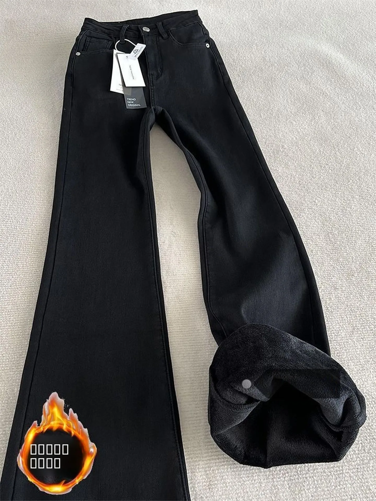 

Джинсы-клеш с высокой талией и подкладкой для полных женщин, осенне-зимние, теплые, эластичные, утягивающие, винтажные, в американском стиле...