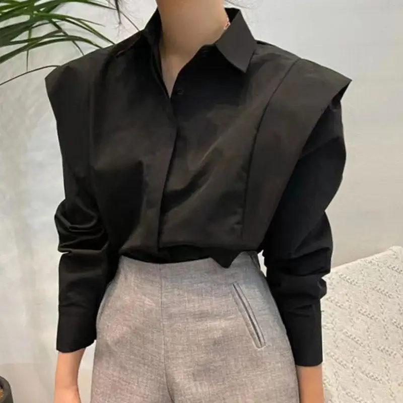 Korean Spring Vintage Women Simplicity Lapel Collar Hidden Buckle Patchwork Ruffles Loose Long Sleeved Solid Color Casual Tops