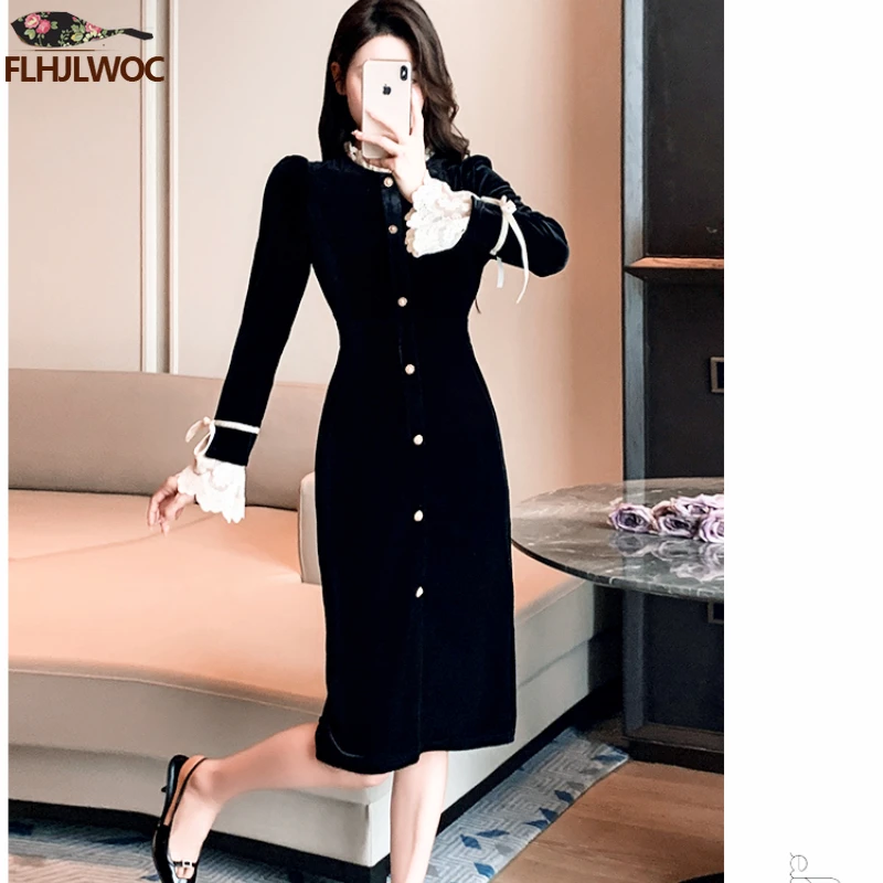 2024 anno nuovo data abiti femminili colletto alla coreana retrò Vintage stile francese europeo piccolo vestito camicia bianca Patchwork nero