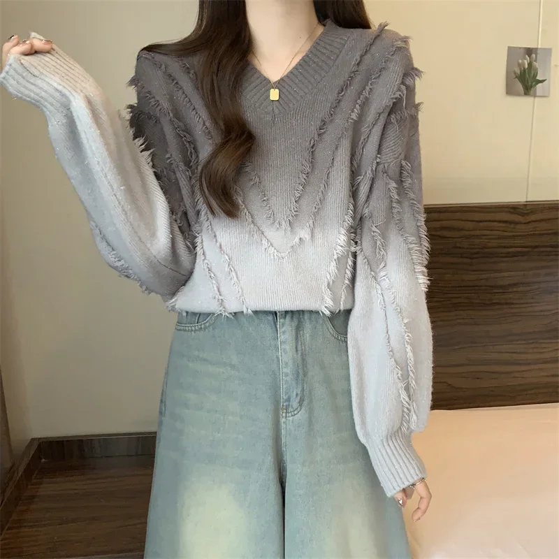 Autumn and Winter New Women Sweater Gradient Color V-neck Tassel Fashion Design Lazy Loose Versatile Pullover Female