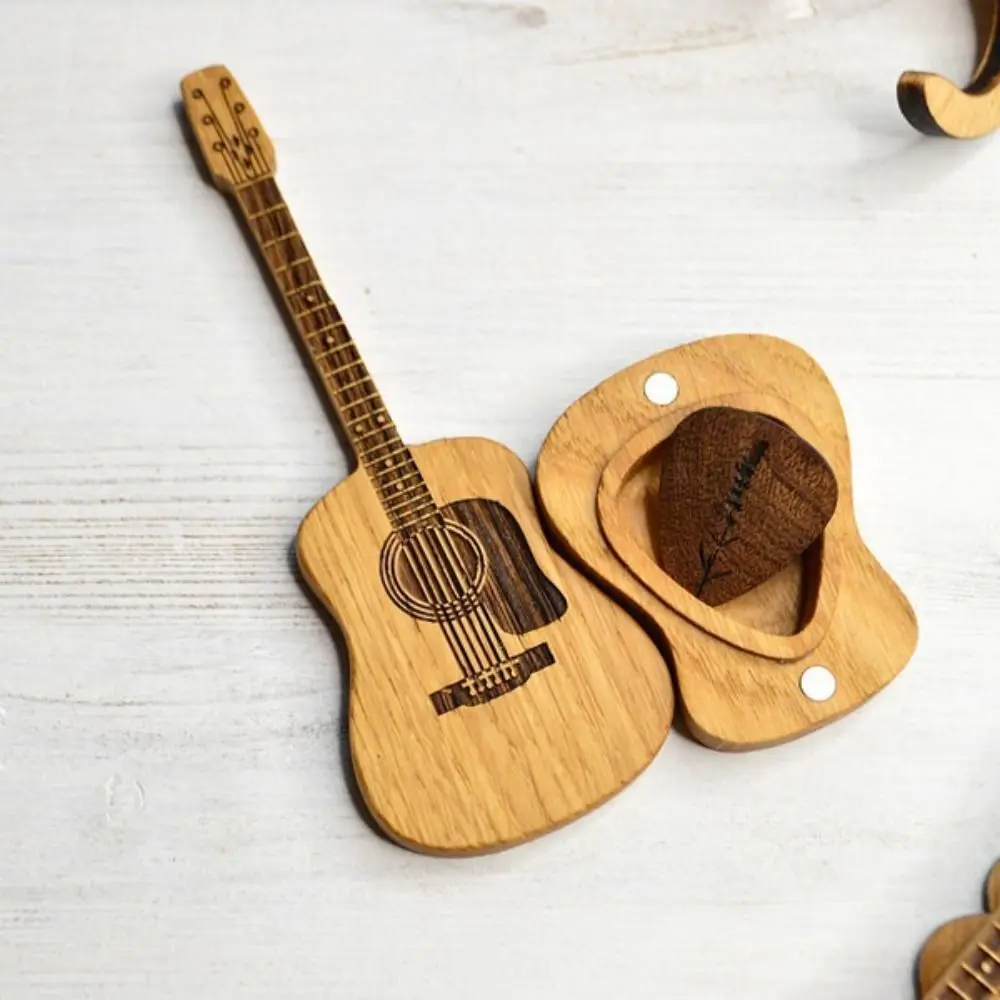 Simulation Guitar Wooden Guitar Ornaments Magnetic Mini Wooden Guitar Pick Case ​Portable Container