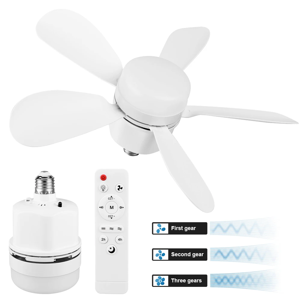 

E27 Silent Ceiling Fan with LED Light and Remote Control Universal Dimming Fan 3 Gears Detachable Five Leaf Fan for Home Outdoor