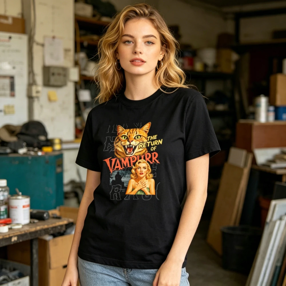 Women Retro Vampire Cat Graphic T-Shirt The Return of Vampurr Vintage Horror Movie Print Casual Cotton TeeGothic Y2K Streetwear