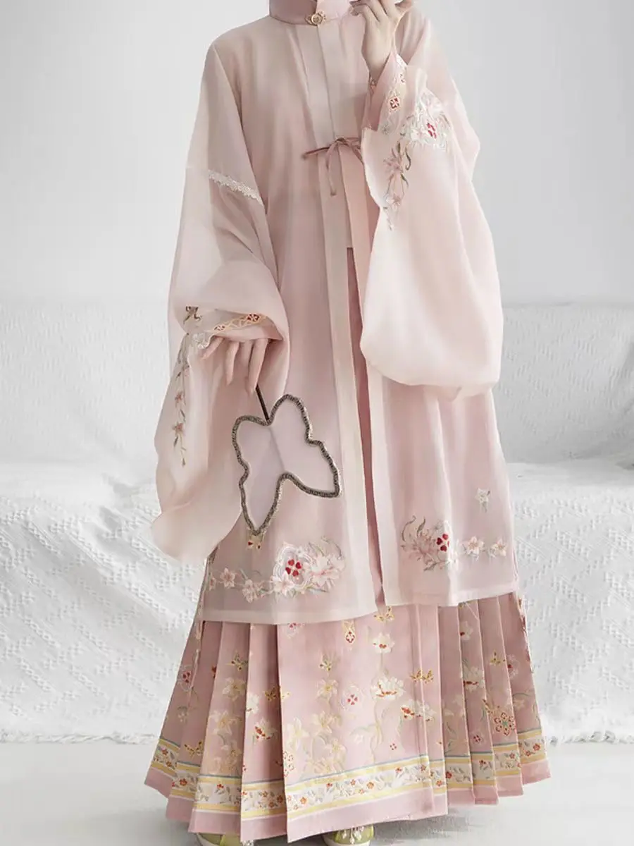 Hanfu-Jupe de cheval rose, système Ming, nuage épaule debout, jupe avant UR, nouveau modèle, printemps et été 2024, 4 pièces, 600